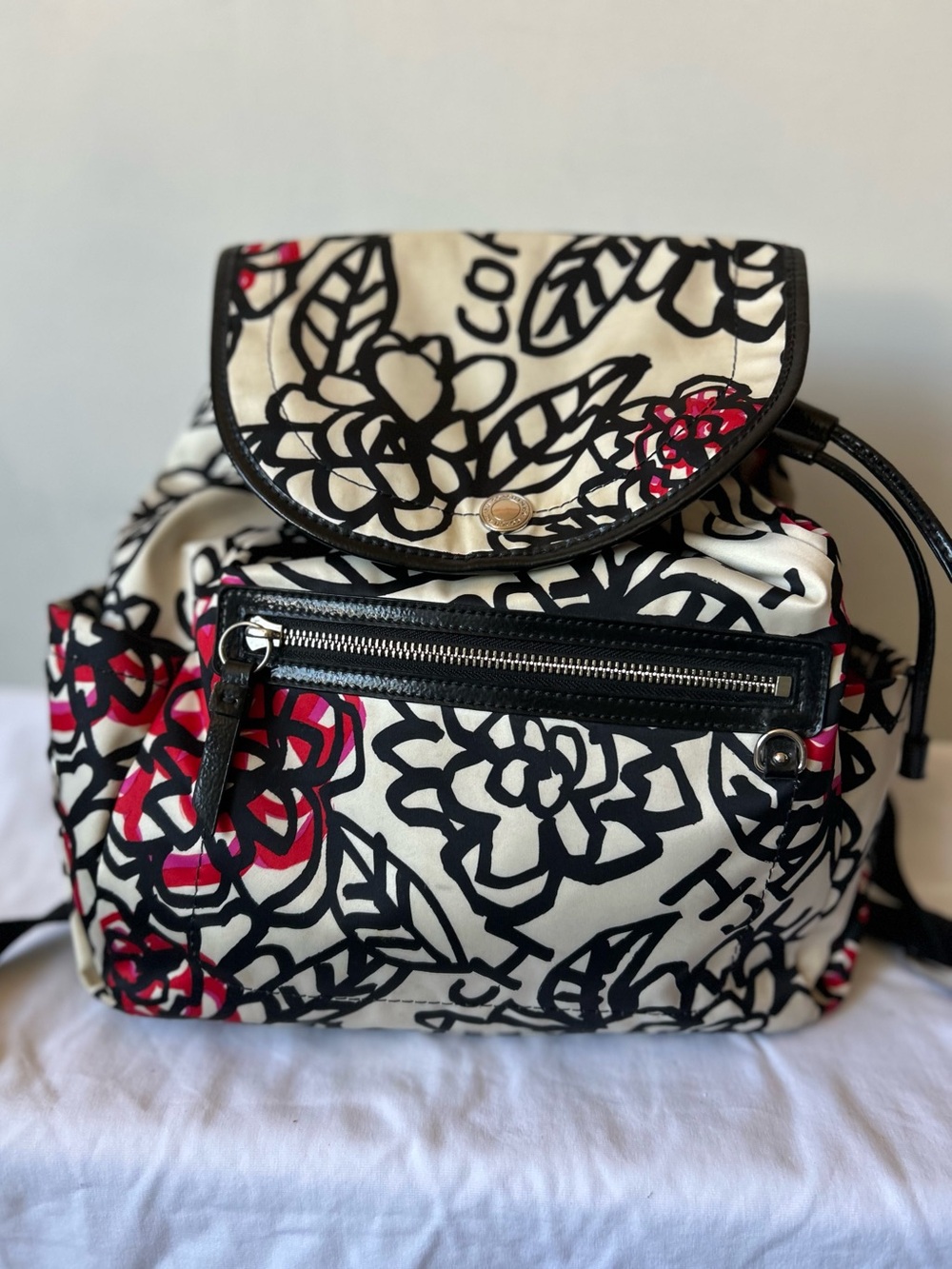 Coach Poppy Floral Graffiti Backpack Y2K White Pink Sateen EUC Rare Vintage